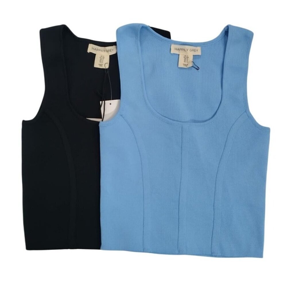 Happily Grey Womens Black & Blue Tank Tops S Polyester Sleeveless Square Neck